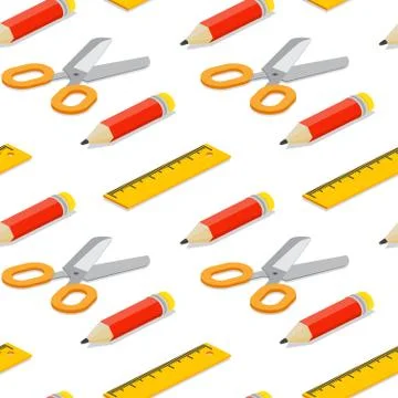 Seamless pattern with isometric pencil, ruler and scissors on white background Stockillustratie