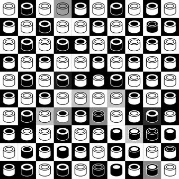 Seamless pattern of isometric sushi rolls and checkerboard background in bl.. Stock Illustration