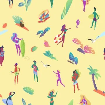 Seamless pattern of isometric tiny people at the beach. Diverse collection of イラスト素材