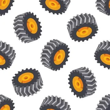 Seamless pattern with isometric tractor wheels. Objects isolated on white b.. Illustrazione stock