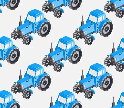 Seamless pattern with isometric tractors. Blue cabin. Large heavy modern ag.. Stock Illustration