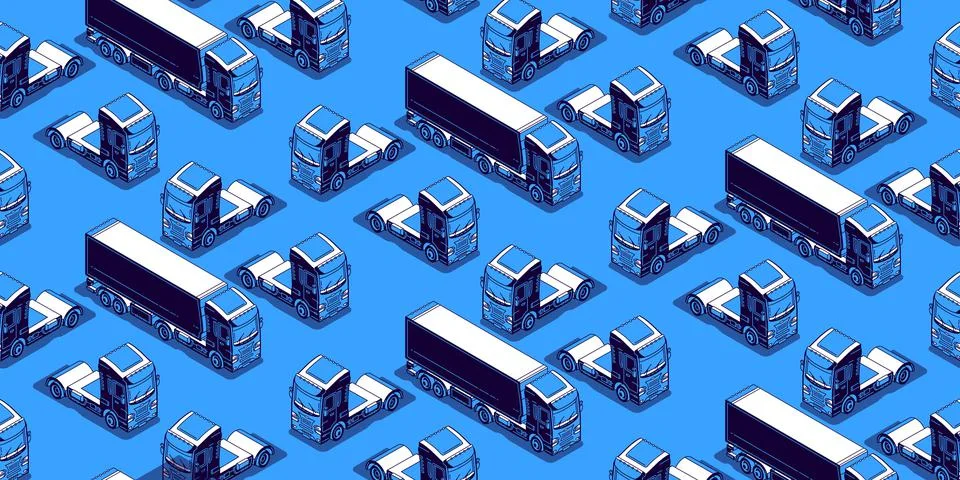 Seamless pattern with isometric trucks on blue Stock Illustration