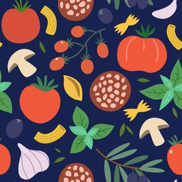 Seamless pattern with Italian food vector elements. Pasta, tomatoes, spices.. Stockillustratie