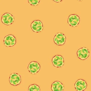 Seamless pattern italian pizza flat with fresh arugula top view Stock Illustration