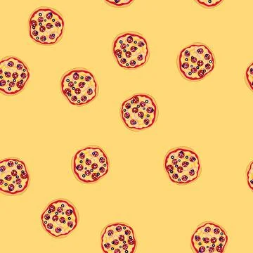 Seamless pattern italian pizza with pepperoni, olives, and onion rings 스톡 일러스트