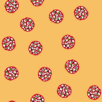Seamless pattern italian pizza top view with mozzarella olives basil 스톡 일러스트