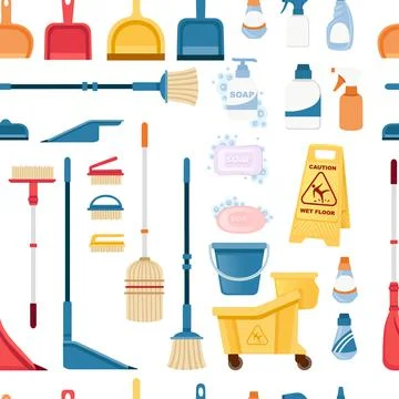 Seamless pattern of items for cleaning and cleaning floors disinfecting objects Stock Illustration