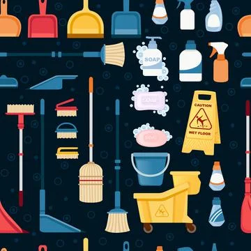 Seamless pattern of items for cleaning and cleaning floors disinfecting objects Illustrazione stock