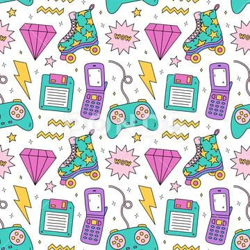 Seamless pattern with items from the nineties Stock Illustration