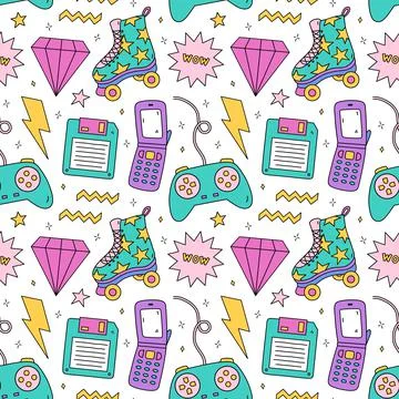 Seamless pattern with items from the nineties Illustrazione stock
