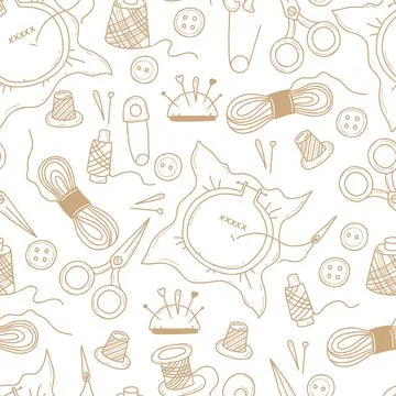 Seamless pattern with items for sewing and knitting. Needles, threads, scissors Illustrazione stock