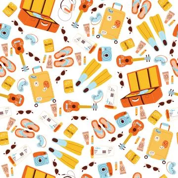 Seamless pattern with items for vacation trip. Summer tourism background. Beach イラスト素材