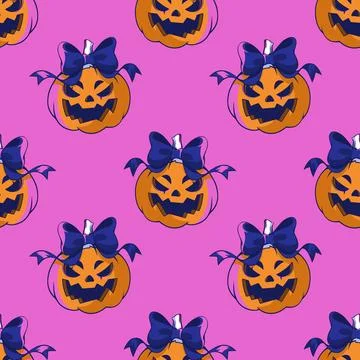 Seamless pattern with jack o lantern pumpkin monsters. Bow on head. Halloween Stock Illustration