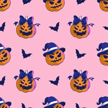 Seamless pattern with jack o lantern pumpkins monsters. Bow on head, witch hat イラスト素材