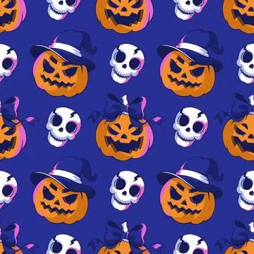 Seamless pattern with jack o lantern pumpkins monsters, skulls. Happy Halloween Stock Illustration