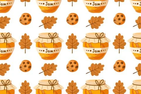 Seamless pattern with jam jars, tasty cookies and autumn leaves. Cozy fall 스톡 일러스트