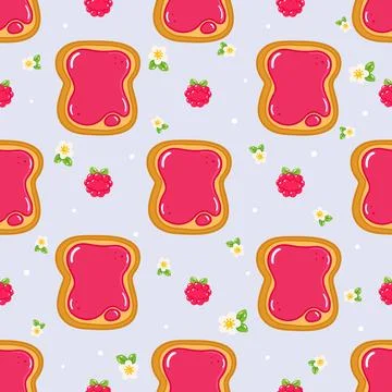 Seamless pattern with jam toast raspberries and blossoms Stock Illustration