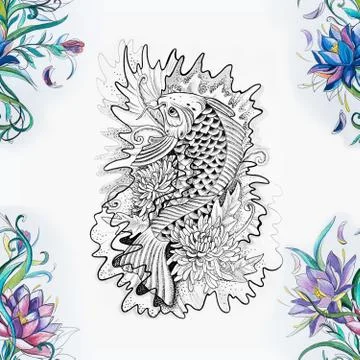 Seamless pattern of Japanese carp and lilies on a white background. Illustrazione stock