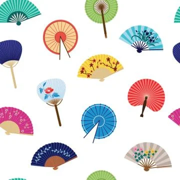 Seamless pattern with japanese or chinese women fans icons vector illustration. Illustrazione stock