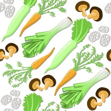 Seamless pattern with japanese vegetables and mushrooms Stock Illustration