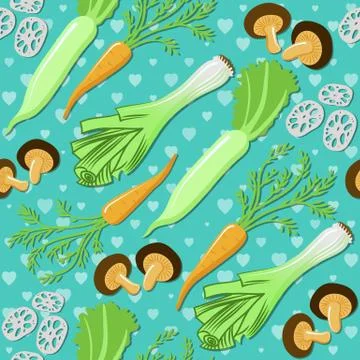 Seamless pattern with japanese vegetables and mushrooms Stock Illustration