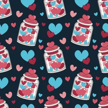 Seamless Pattern With Jar Full Of Hearts In Flat Style. Valentine's Day Lov.. イラスト素材