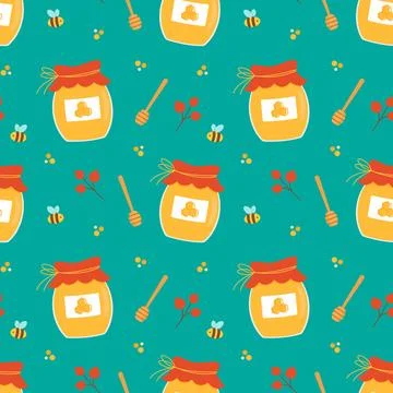 Seamless pattern with a jar of honey, and berries Stock Illustration