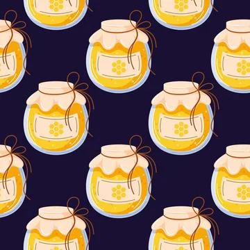 Seamless pattern with jar of honey on dark background in cartoon style. Stock Illustration