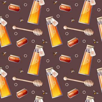 Seamless pattern with jar of sweet honey, wooden spoon and bees. Decor for a  库存插图
