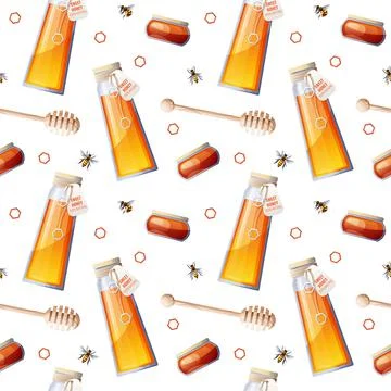 Seamless pattern with jar of sweet honey, wooden spoon and bees. Decor for a  Stock Illustration