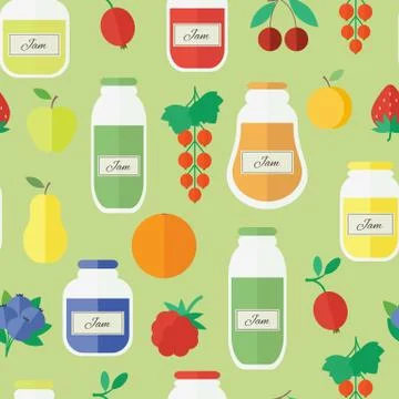 Seamless pattern with jars of jam in flat style. Vector Illustrazione stock