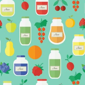 Seamless pattern with jars of juice in flat style. Vector Illustrazione stock