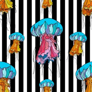 Seamless pattern with jellyfish and black stripes. Stock Illustration