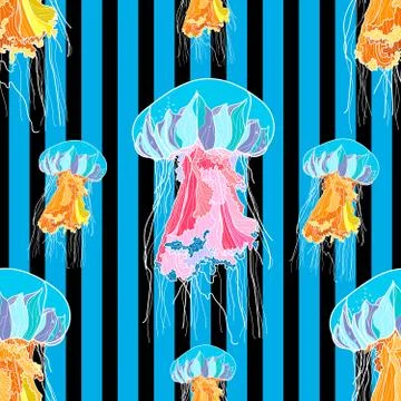 Seamless pattern with jellyfish and black stripes. Stock Illustration