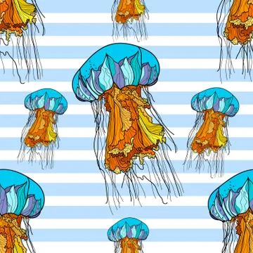 Seamless pattern with jellyfish and blue stripes on white background. Stock Illustration