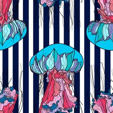 Seamless pattern with jellyfish and blue stripes. Stock Illustration