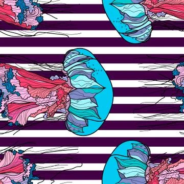 Seamless pattern with jellyfish and dark stripes. Stock Illustration