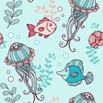 Seamless pattern with jellyfish and fish Stock Illustration