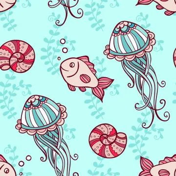 Seamless pattern with jellyfish and fish Stock Illustration
