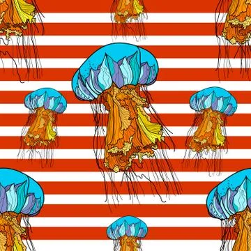 Seamless pattern with jellyfish and red stripes. Stock Illustration