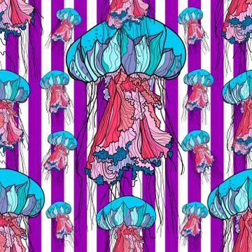 Seamless pattern with jellyfish and violet stripes. Stock Illustration