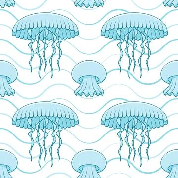 Seamless pattern with jellyfish and waves. Vector marine summer background. 스톡 일러스트