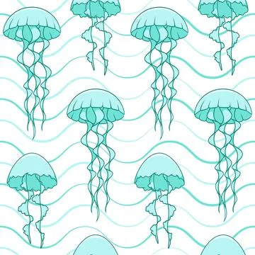 Seamless pattern with jellyfish and waves. Vector marine summer background. Stock Illustration