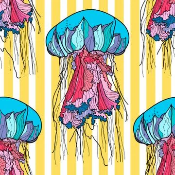 Seamless pattern with jellyfish and yellow stripes. Stock Illustration