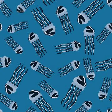 Seamless pattern jellyfish on blue background. Modern ornament with sea anima Stock Illustration