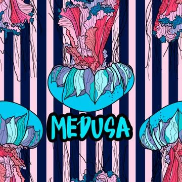 Seamless pattern with jellyfish, blue stripes and hand drawn calligraphy. Stock Illustration
