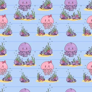 Seamless pattern with jellyfish boy and girl with underwater landscape on b.. Stock Illustration