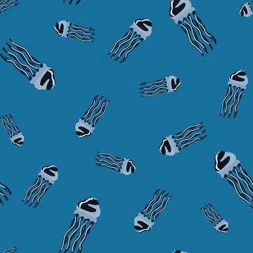 Seamless pattern jellyfish on bright blue background. Simple ornament with se Stock Illustration