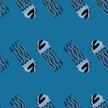 Seamless pattern jellyfish on bright blue background. Simple ornament with se Stock Illustration