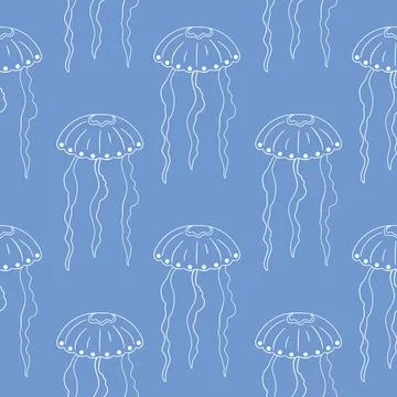 Seamless pattern of jellyfish with flowing tentacle on a blue background in line Illustrazione stock